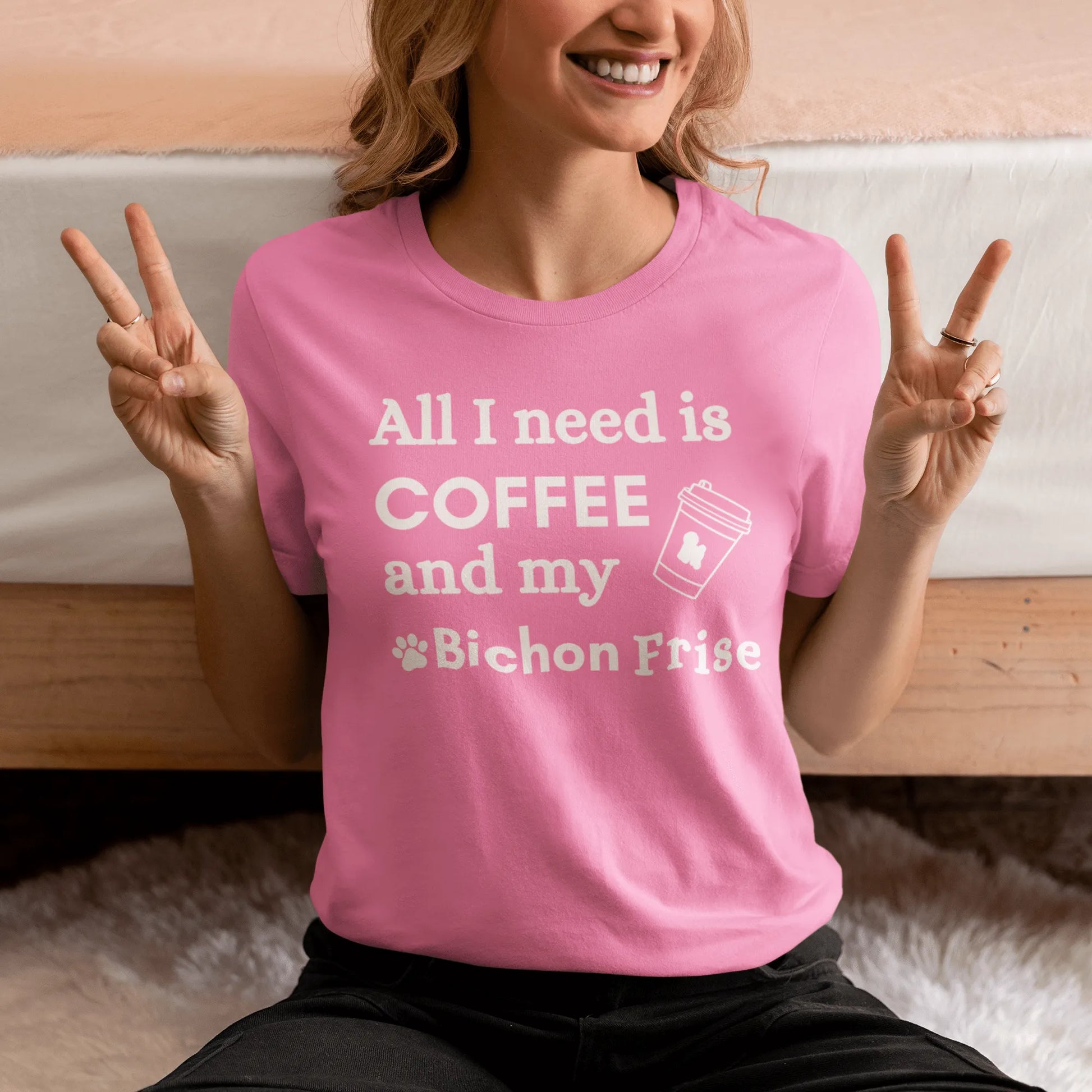 "White unisex t-shirt with 'All I need is coffee and my Bichon' quote – perfect for Bichon Frise dog lovers and coffee enthusiasts"