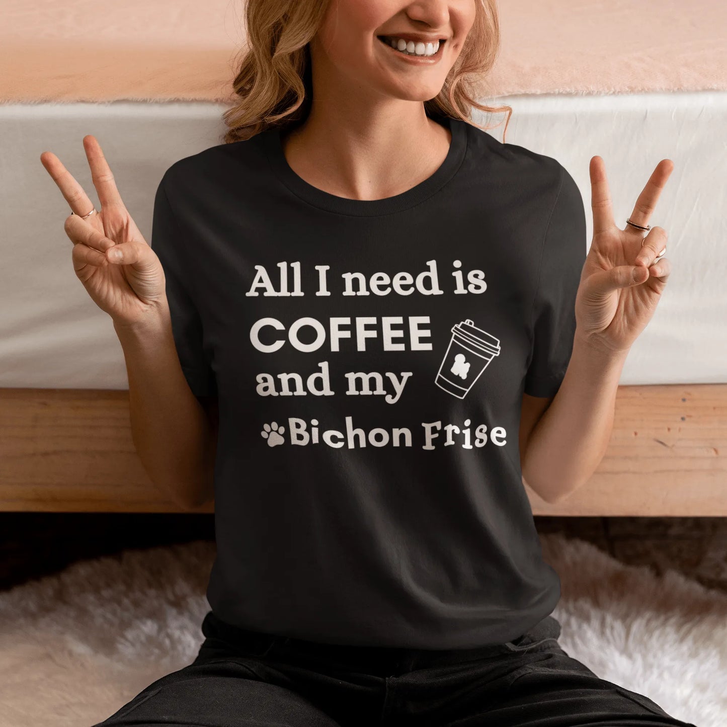 "White unisex t-shirt with 'All I need is coffee and my Bichon' quote – perfect for Bichon Frise dog lovers and coffee enthusiasts"