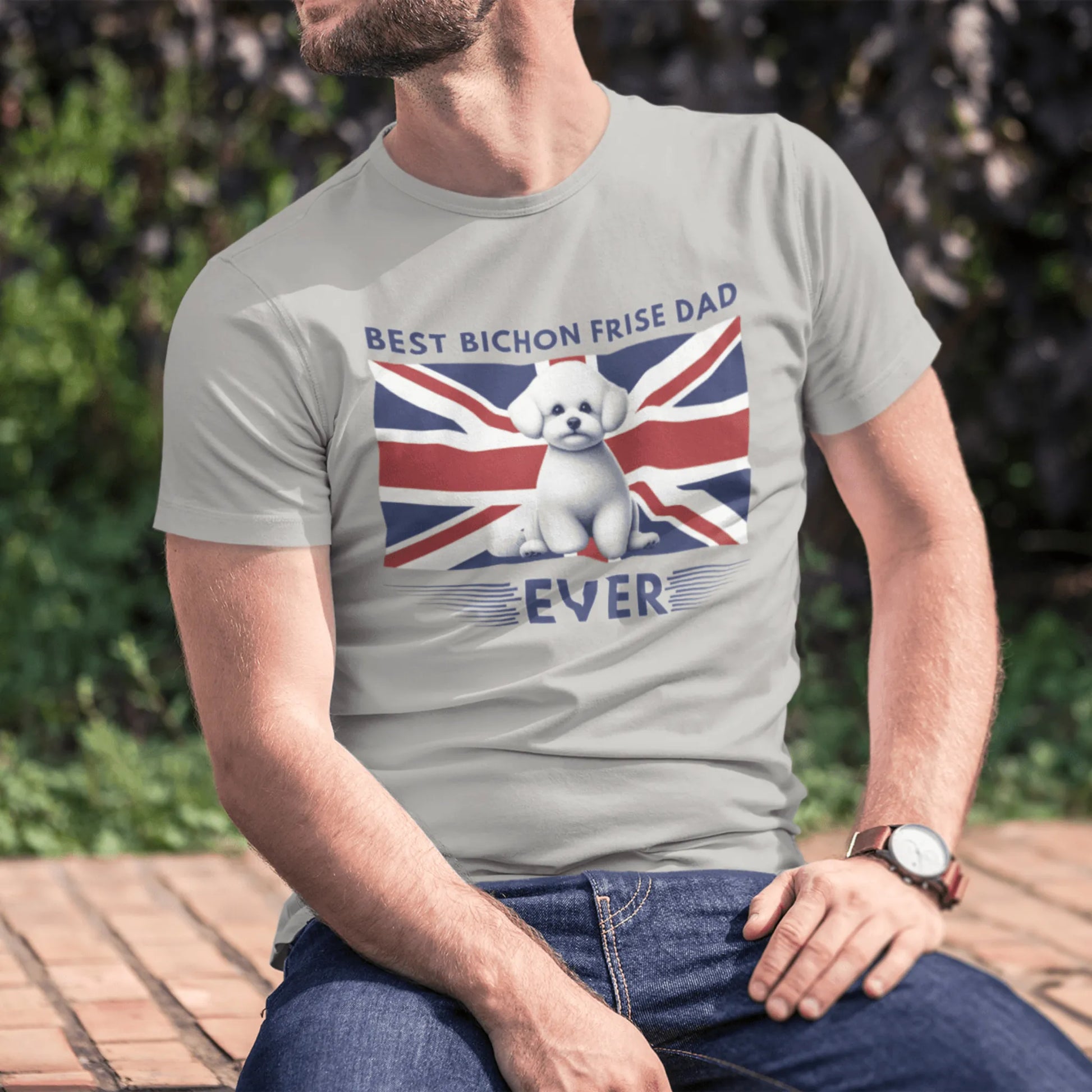 Unisex Bichon Frise T-Shirt for Dog Owners:"Best Bichon Frise Dad Ever" english  flag