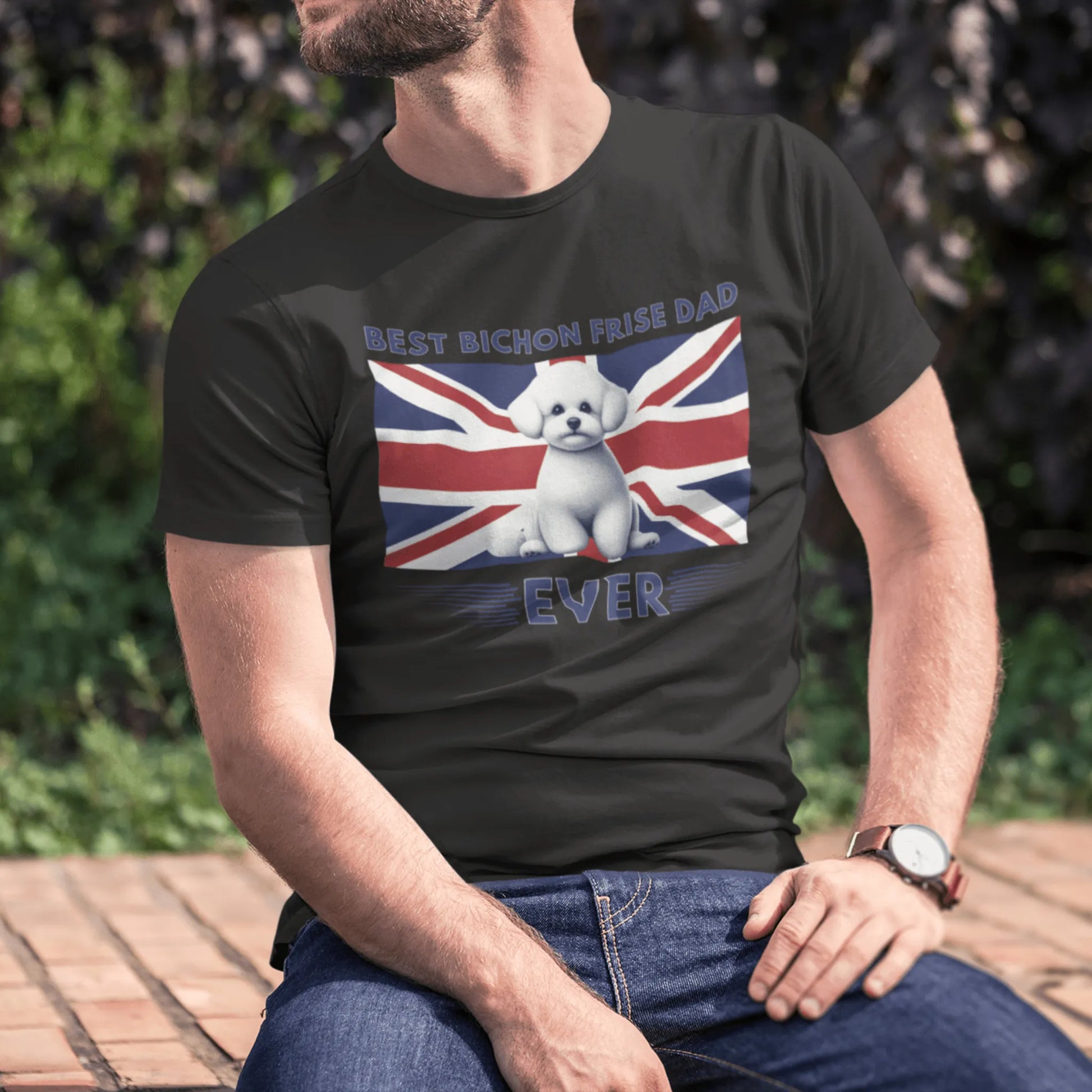 Unisex Bichon Frise T-Shirt for Dog Owners:"Best Bichon Frise Dad Ever" english  flag