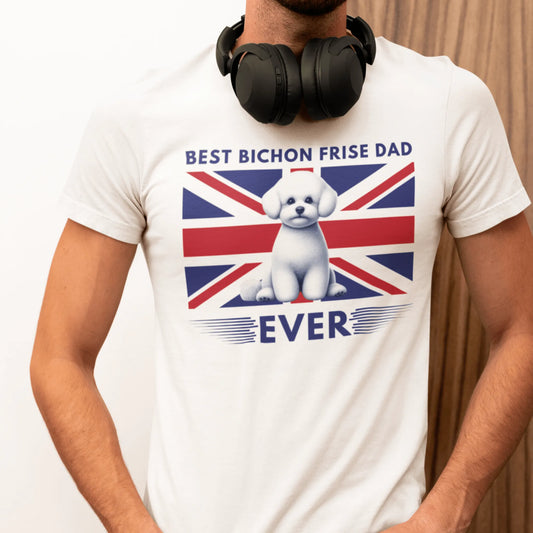 Unisex Bichon Frise T-Shirt for Dog Owners:"Best Bichon Frise Dad Ever" english  flag