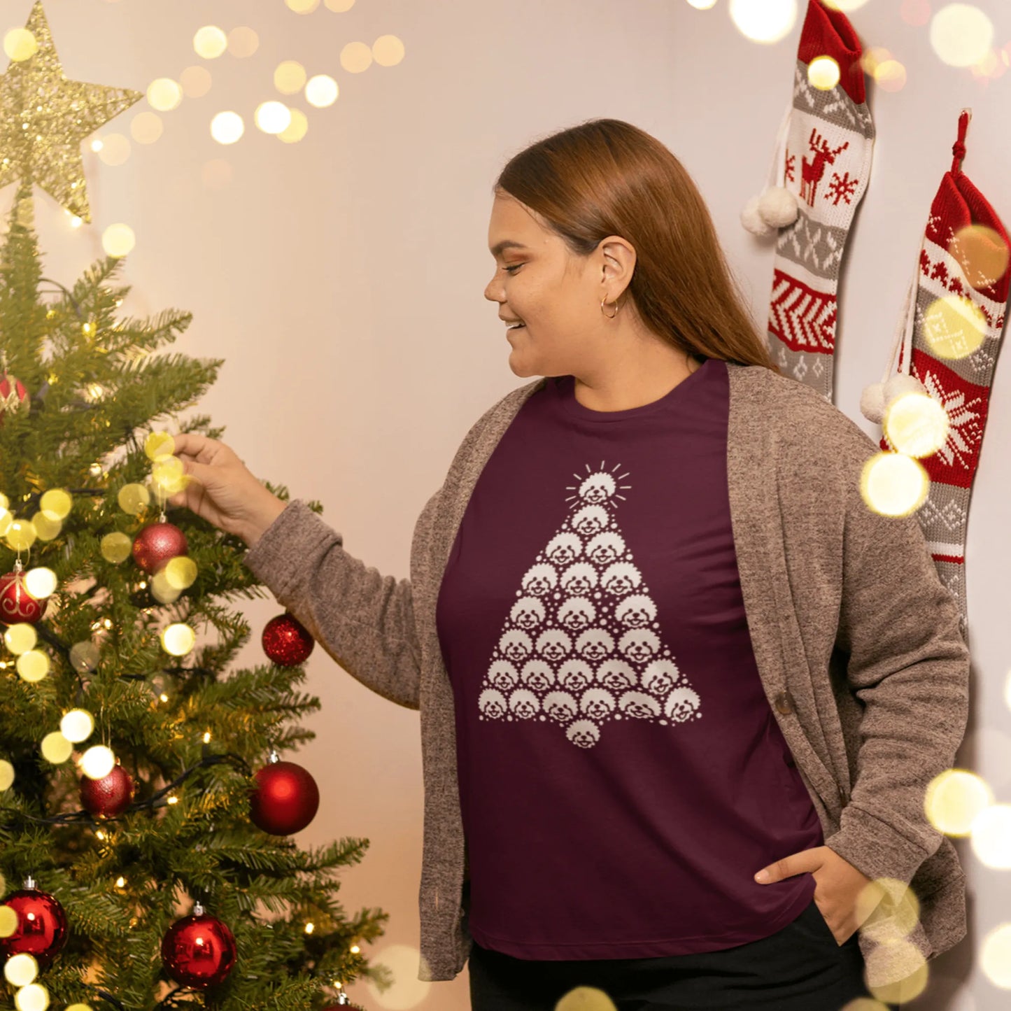 "Funny Bichon Frise Christmas unisex t-shirt with white holiday tree design – perfect gift for dog lovers and Bichon owners"