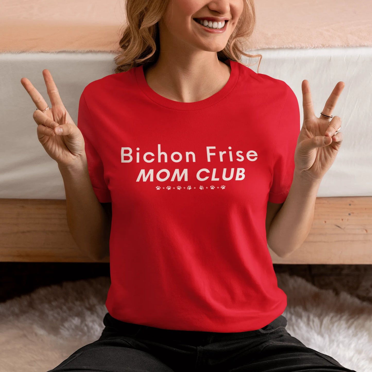 "Bichon Frise Mom Club white graphic T-shirt – funny unisex Mother's Day gift for dog lovers, perfect for Bichon owners and pet moms, stylish and heartfelt design for men and women."
