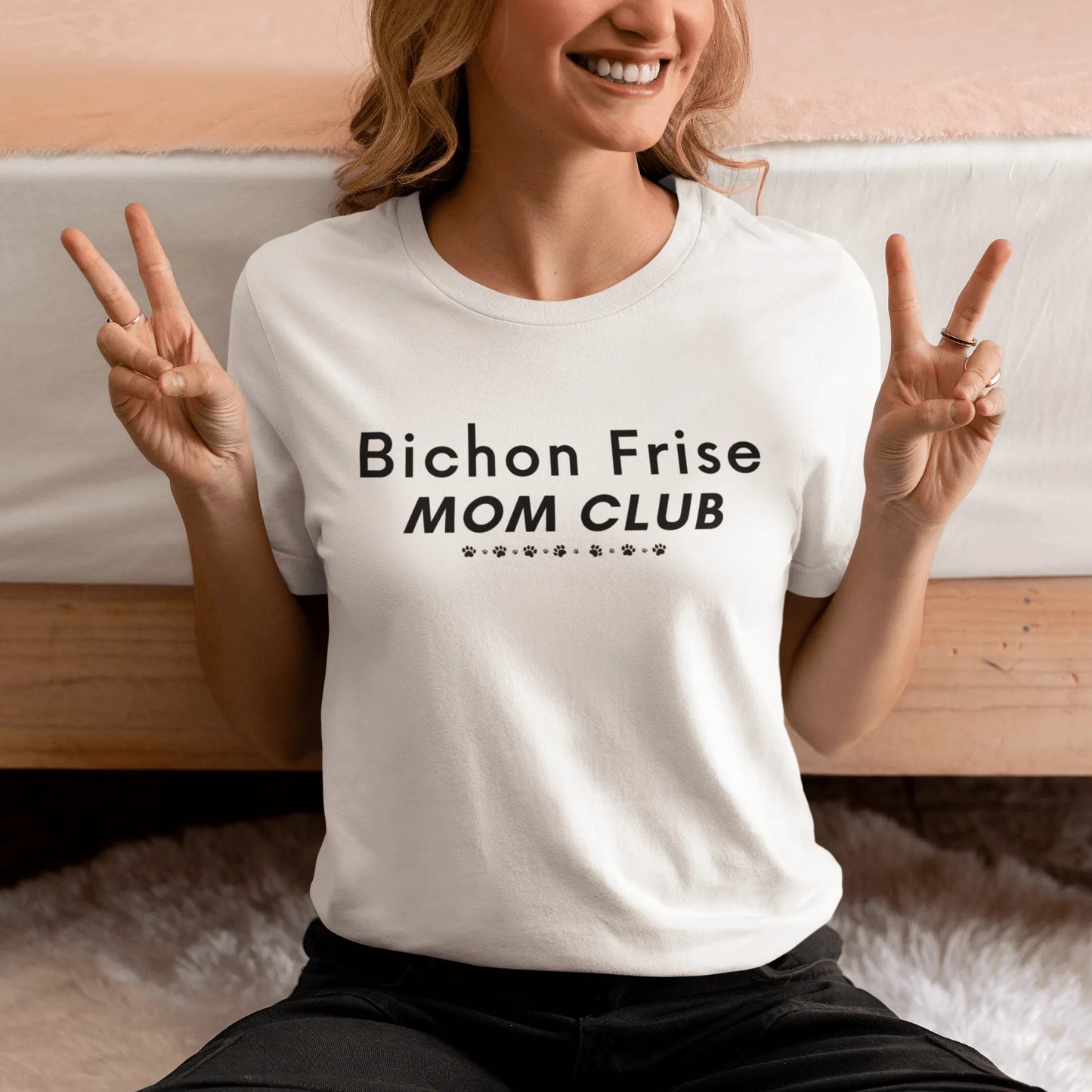 Funny "Bichon Frise Mom Club" black text unisex t-shirt – unique Mother's Day gift for dog lovers, perfect for proud Bichon Frise moms and pet owners who want a stylish, comfortable shirt celebrating their beloved furry friend.