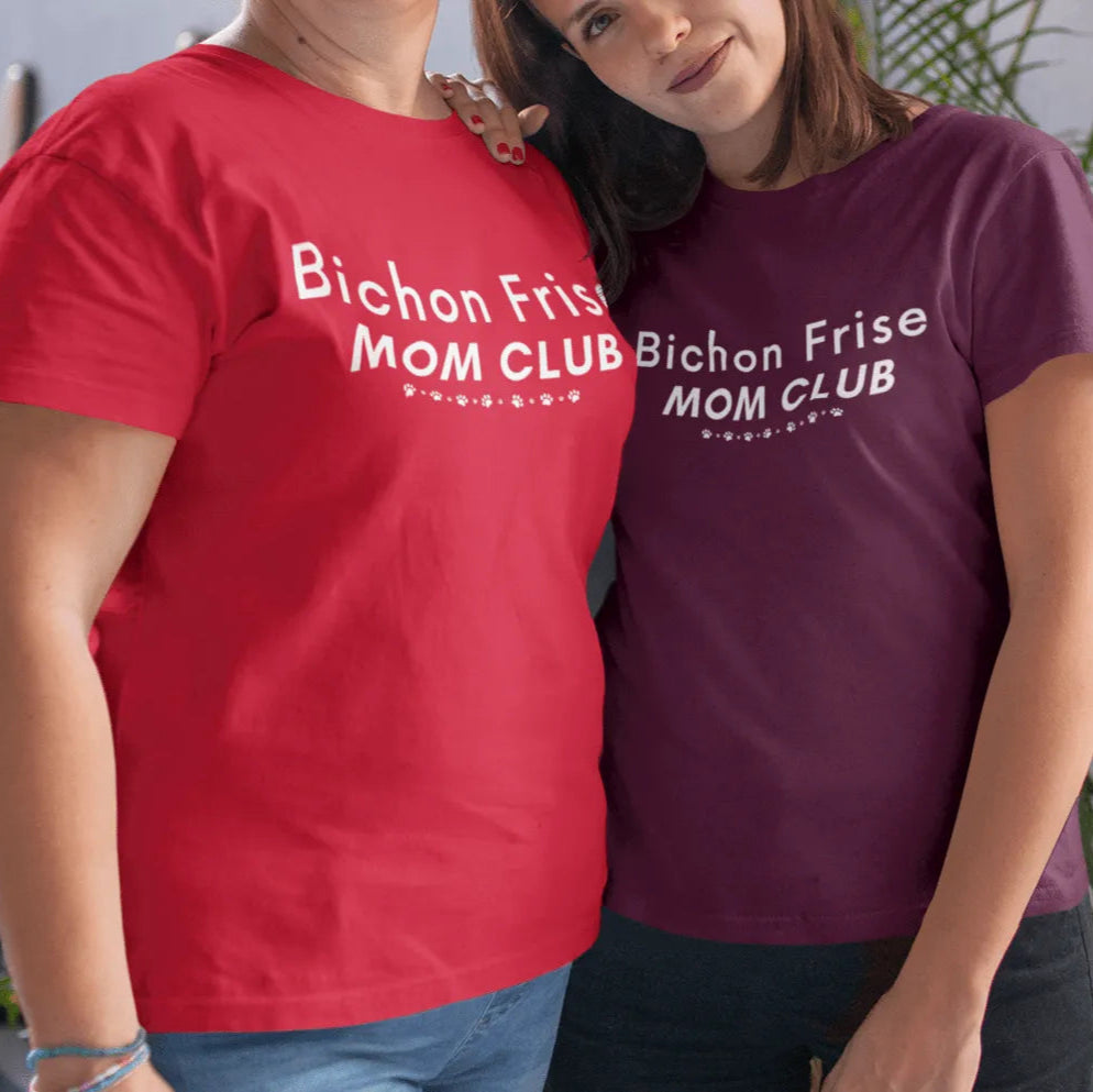 "Bichon Frise Mom Club white graphic T-shirt – funny unisex Mother's Day gift for dog lovers, perfect for Bichon owners and pet moms, stylish and heartfelt design for men and women."
