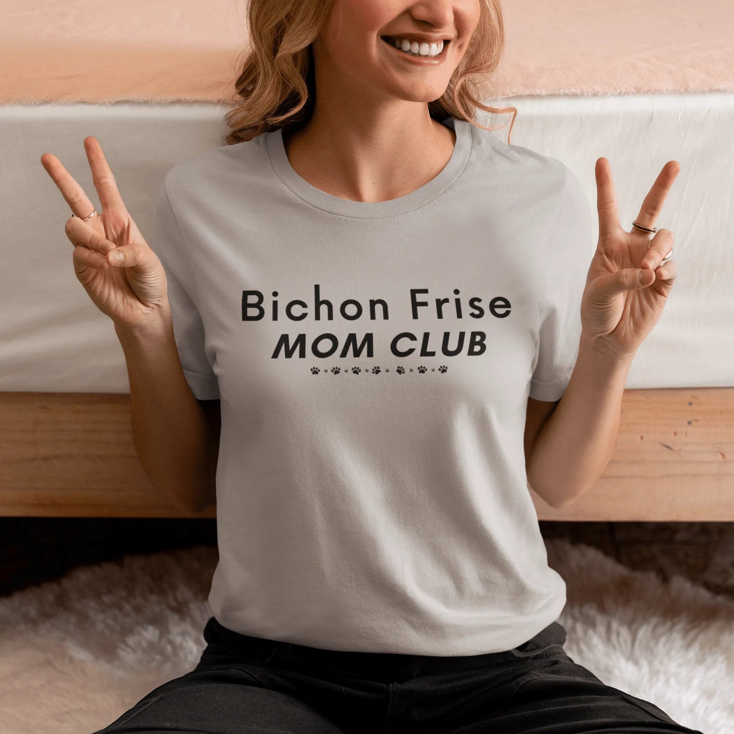 Funny "Bichon Frise Mom Club" black text unisex t-shirt – unique Mother's Day gift for dog lovers, perfect for proud Bichon Frise moms and pet owners who want a stylish, comfortable shirt celebrating their beloved furry friend.