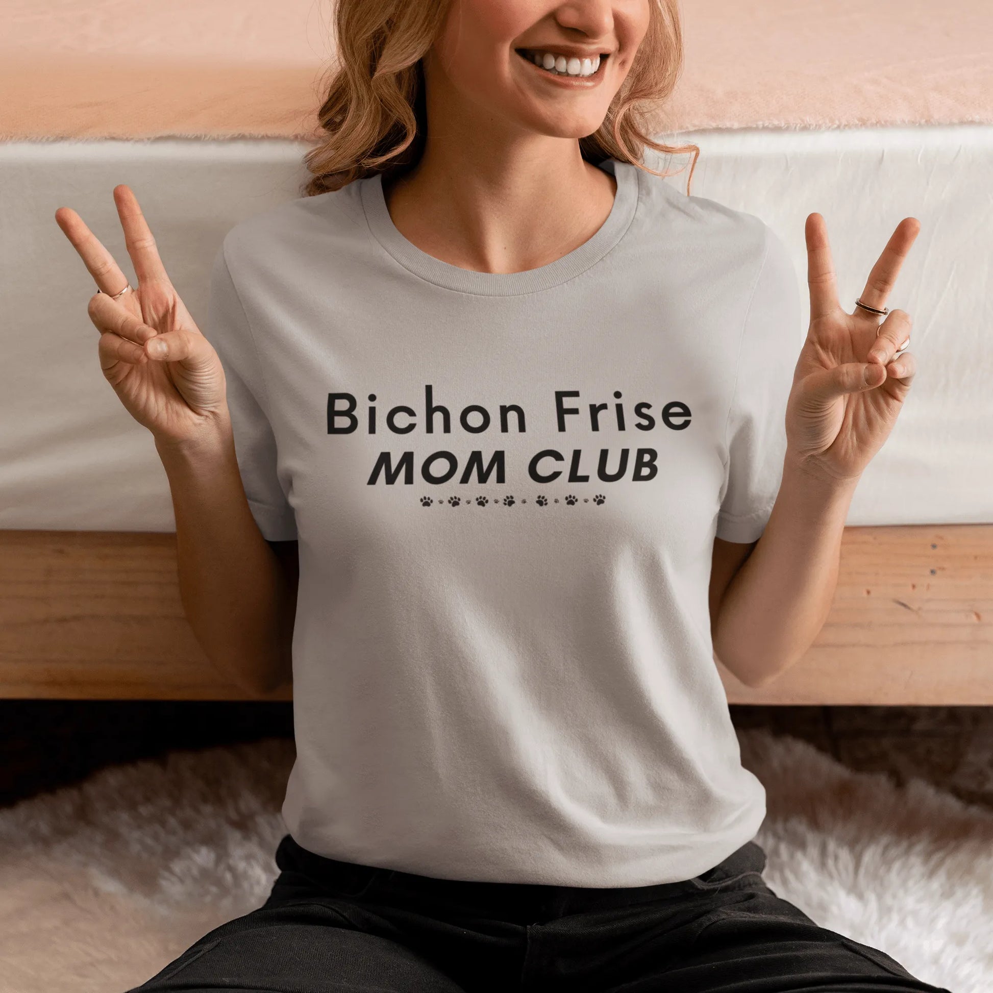 Funny "Bichon Frise Mom Club" black text unisex t-shirt – unique Mother's Day gift for dog lovers, perfect for proud Bichon Frise moms and pet owners who want a stylish, comfortable shirt celebrating their beloved furry friend.