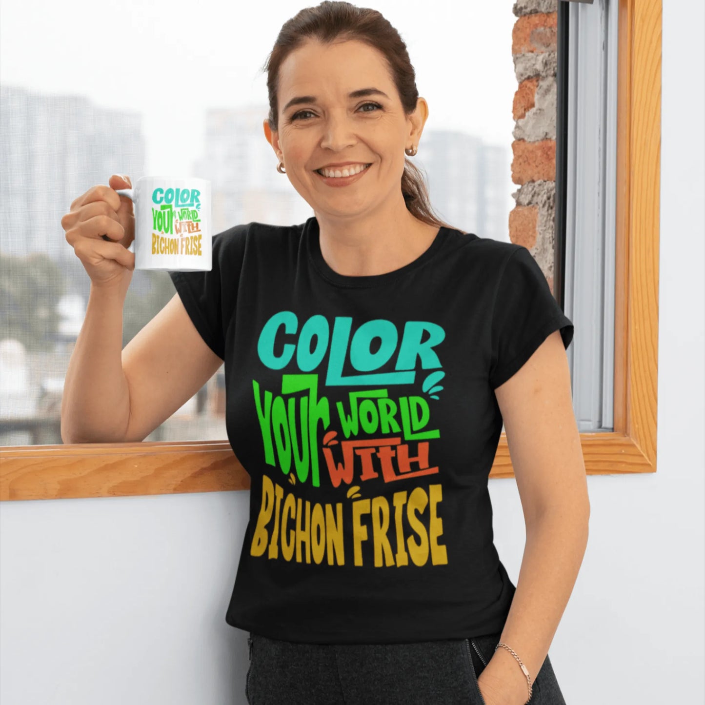 "Color Your World With A Bichon Frise" funny unisex dog lover t-shirt – happy and unique text design for Bichon Frise owners and pet fans