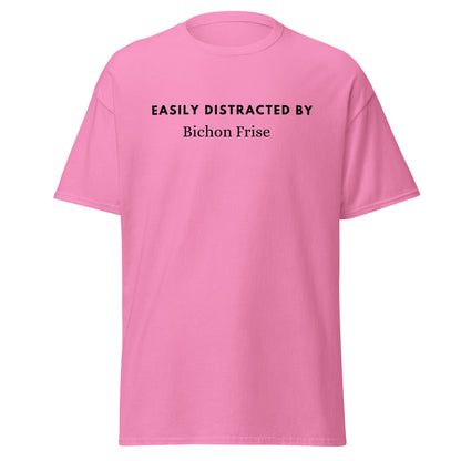 "Black unisex T-shirt with playful text 'Easily distracted by bichon frise' – unique and funny dog lover shirt perfect for Bichon Frise owners and fans. Stylish casual tee for men and women who adore their bichon dogs."