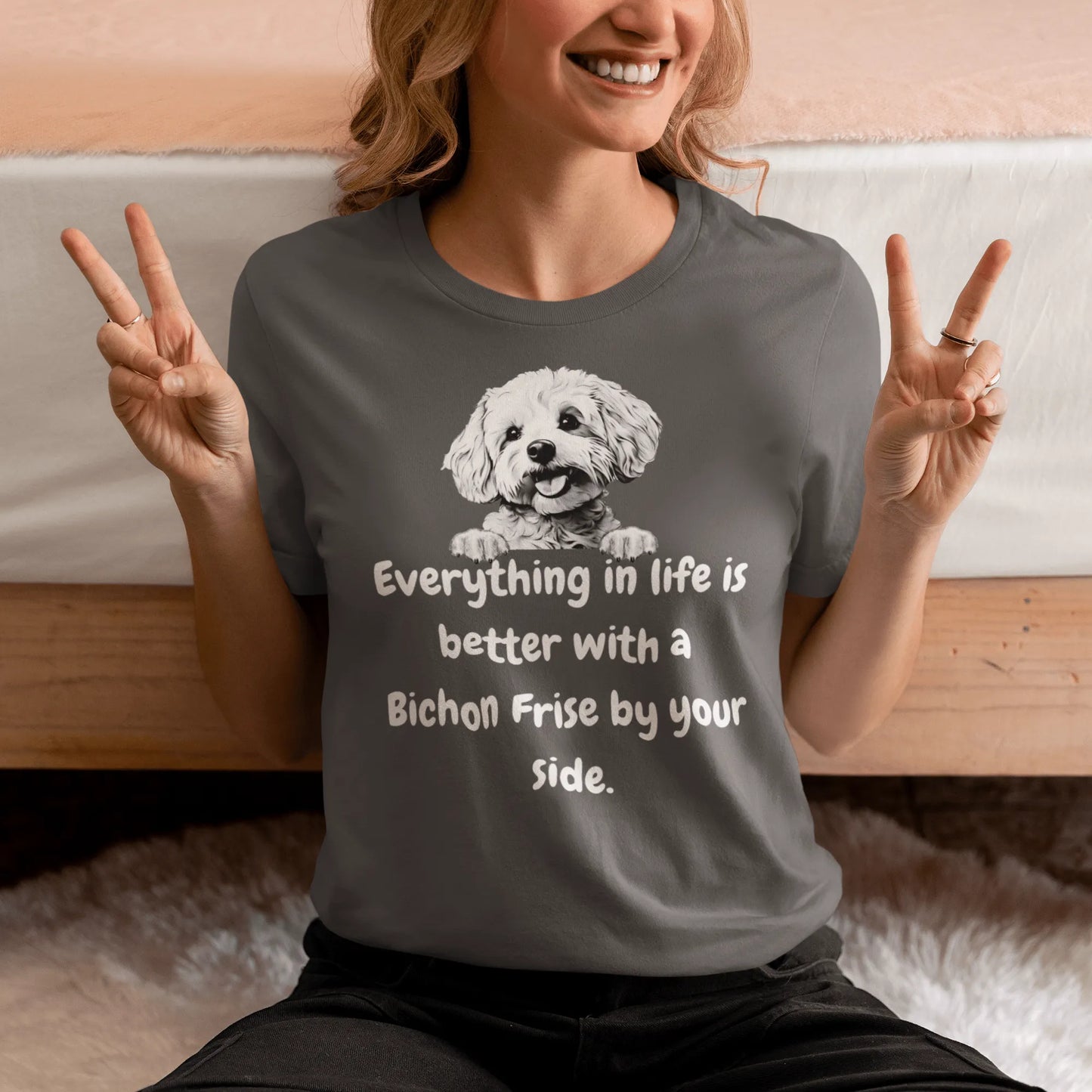 "White unisex t-shirt with funny 'Everything in life is better with a Bichon Frise by your side' quote and cute Bichon Frise dog illustration – perfect gift for Bichon lovers and dog owners."