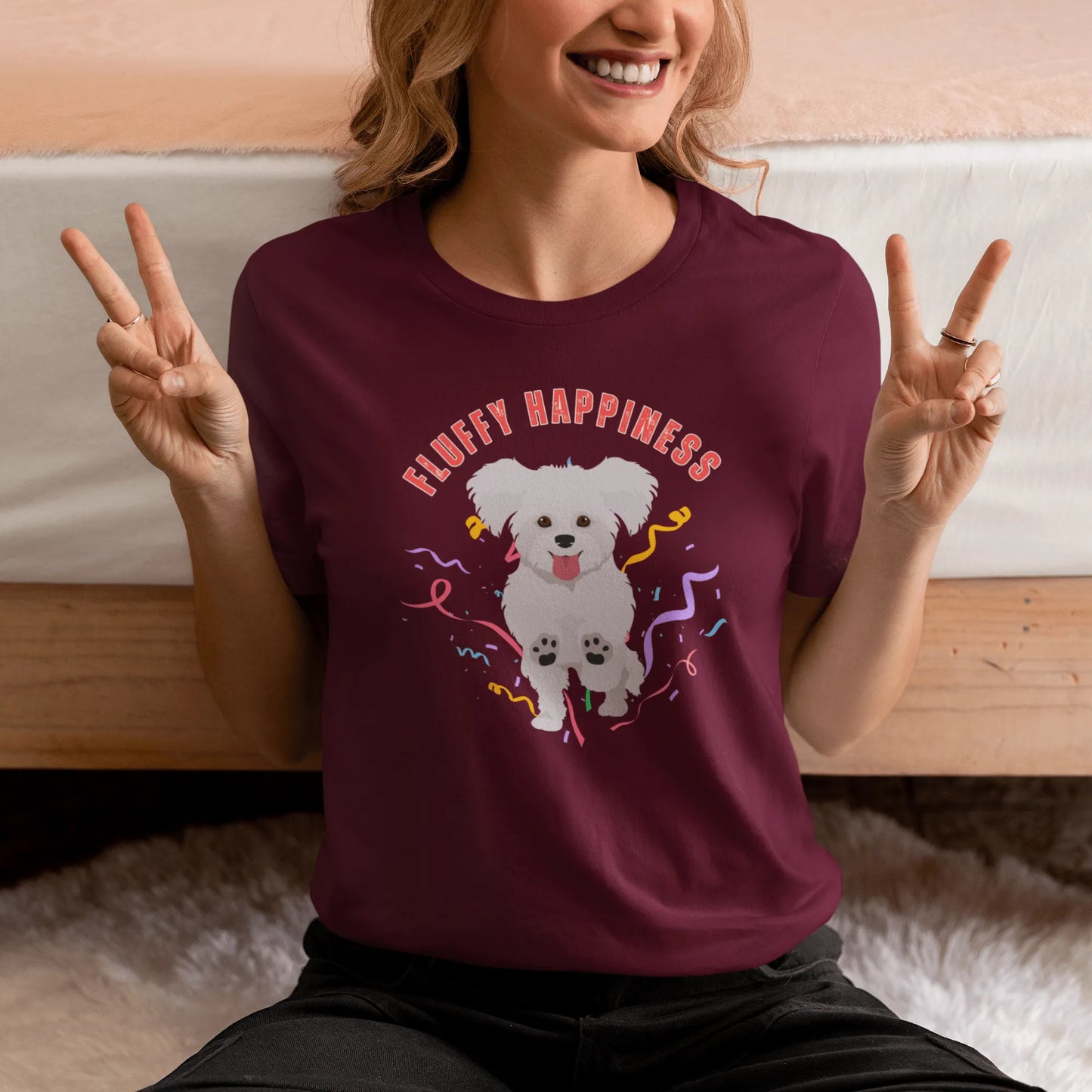 "Colorful 'Fluffy Happiness' Bichon Frise graphic t-shirt – unisex white tee with cheerful white text and a cute, original Bichon dog illustration, perfect for dog lovers and Bichon Frise owners."