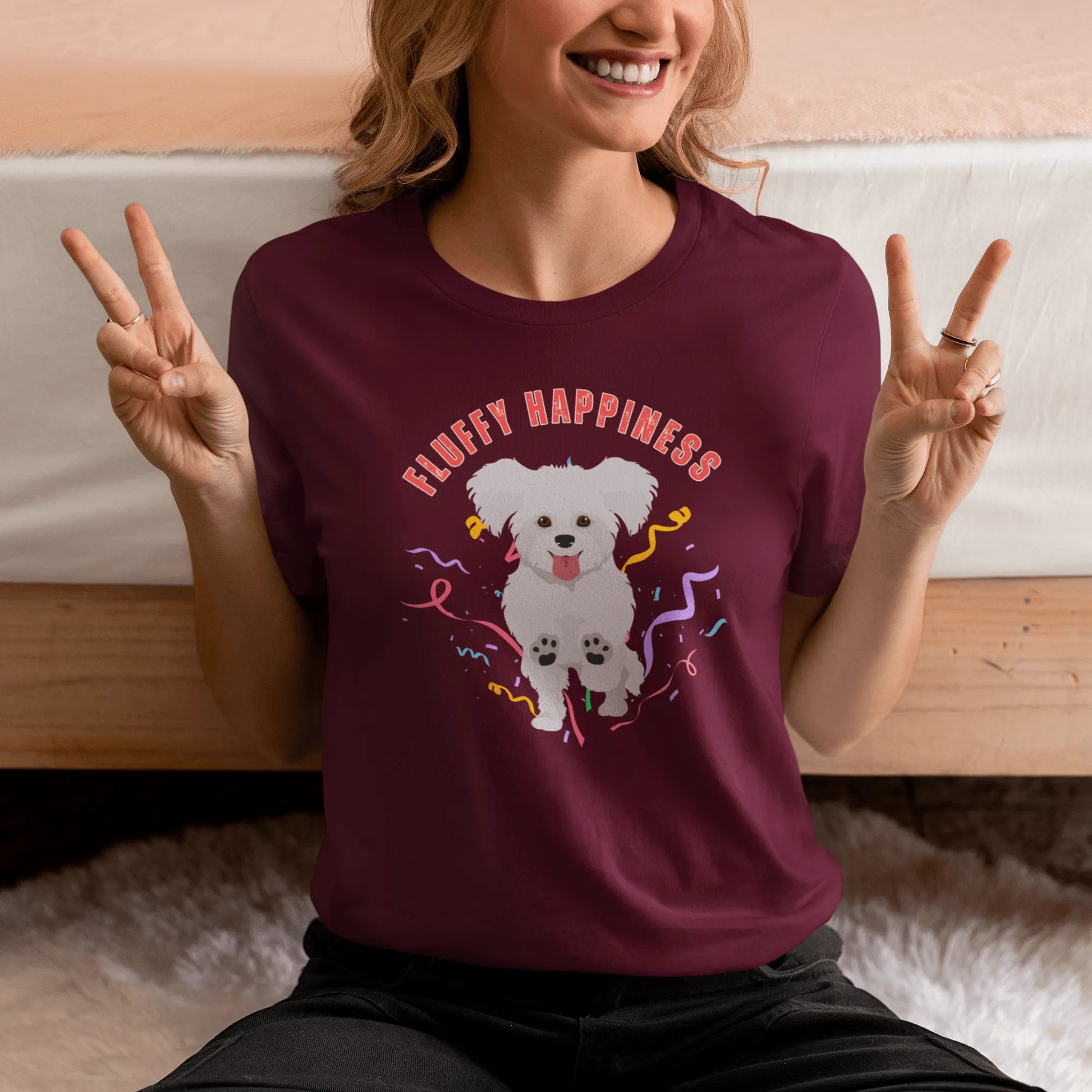 "Colorful 'Fluffy Happiness' Bichon Frise graphic t-shirt – unisex white tee with cheerful white text and a cute, original Bichon dog illustration, perfect for dog lovers and Bichon Frise owners."
