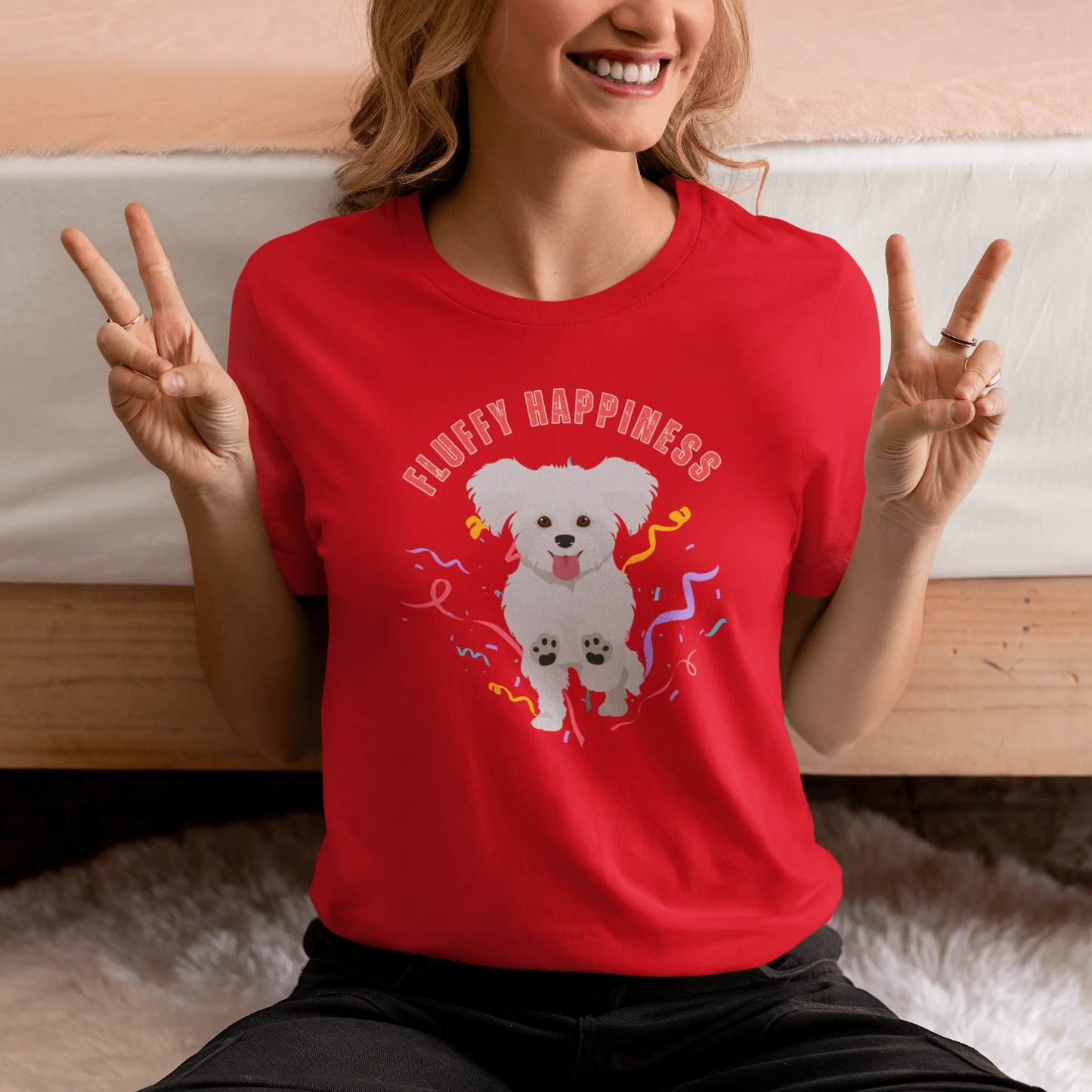 "Colorful 'Fluffy Happiness' Bichon Frise graphic t-shirt – unisex white tee with cheerful white text and a cute, original Bichon dog illustration, perfect for dog lovers and Bichon Frise owners."