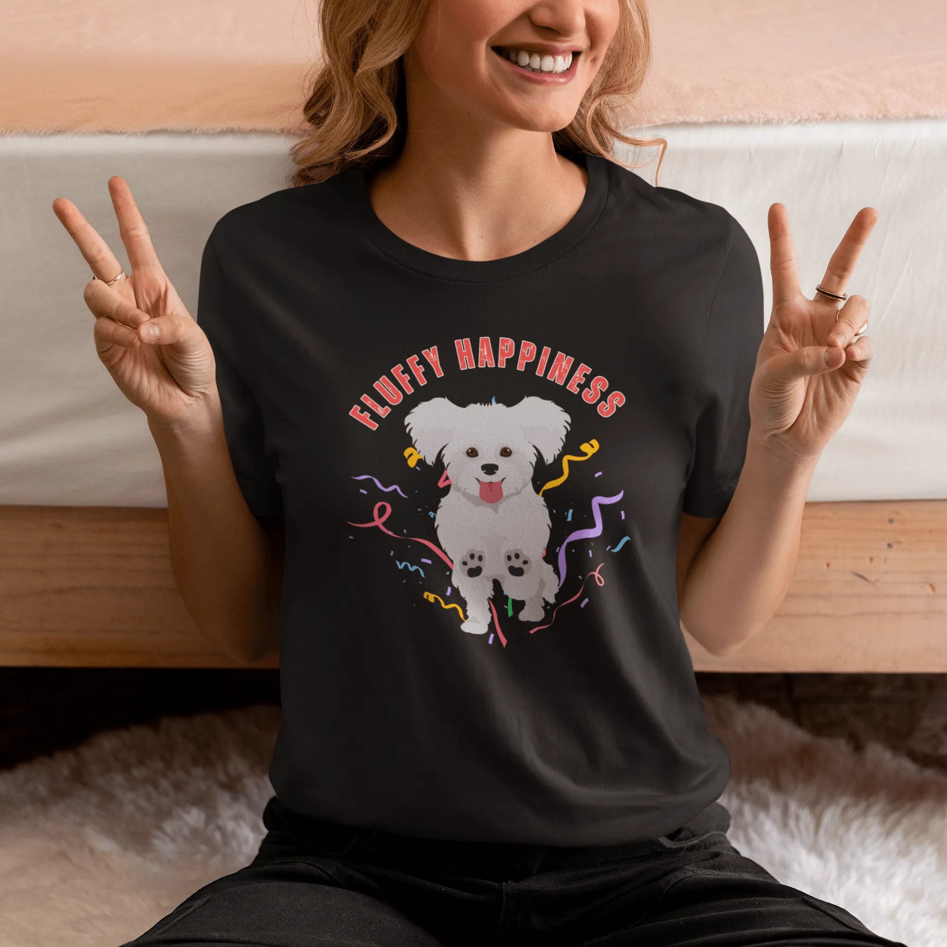 "Colorful 'Fluffy Happiness' Bichon Frise graphic t-shirt – unisex white tee with cheerful white text and a cute, original Bichon dog illustration, perfect for dog lovers and Bichon Frise owners."