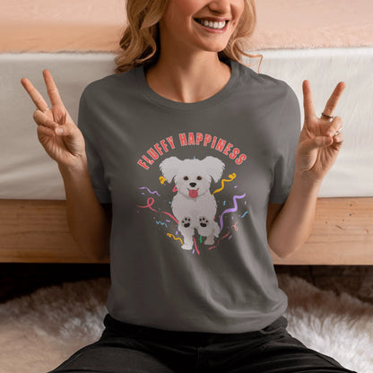 "Colorful 'Fluffy Happiness' Bichon Frise graphic t-shirt – unisex white tee with cheerful white text and a cute, original Bichon dog illustration, perfect for dog lovers and Bichon Frise owners."