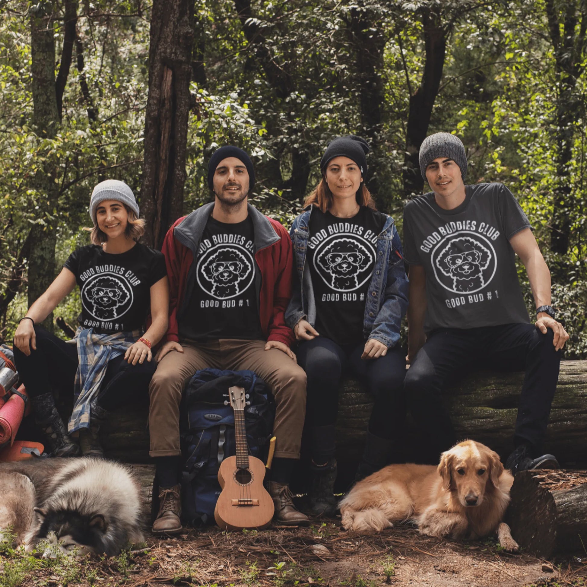 “Good Buddies Club unisex T-shirt featuring a cheerful, smiling Bichon Frise dog wearing glasses illustration with white design. Fun and happy dog-themed shirt for men and women, perfect for dog owners and dog lovers beyond just Bichon Frise fans.”