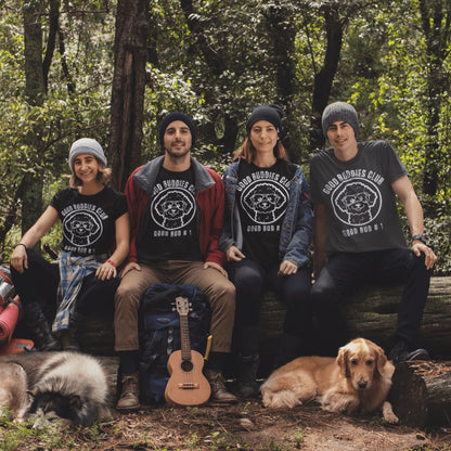 “Good Buddies Club unisex T-shirt featuring a cheerful, smiling Bichon Frise dog wearing glasses illustration with white design. Fun and happy dog-themed shirt for men and women, perfect for dog owners and dog lovers beyond just Bichon Frise fans.”