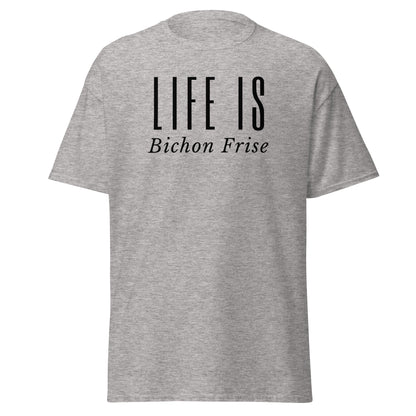 "Funny unisex black text T-shirt reading 'Do You Know What Real Luxury Is? Living With A Bichon!' – perfect for Bichon Frise dog lovers, pet owners, and anyone who enjoys quirky, stylish dog-themed fashion."