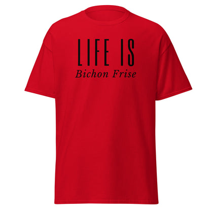 "Funny unisex black text T-shirt reading 'Do You Know What Real Luxury Is? Living With A Bichon!' – perfect for Bichon Frise dog lovers, pet owners, and anyone who enjoys quirky, stylish dog-themed fashion."