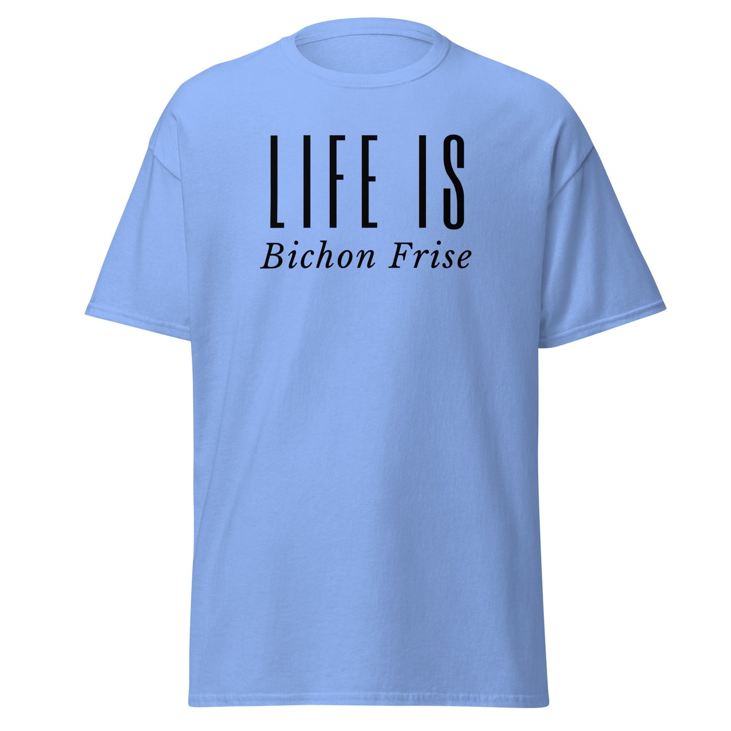 "Funny unisex black text T-shirt reading 'Do You Know What Real Luxury Is? Living With A Bichon!' – perfect for Bichon Frise dog lovers, pet owners, and anyone who enjoys quirky, stylish dog-themed fashion."
