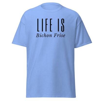 "Funny unisex black text T-shirt reading 'Do You Know What Real Luxury Is? Living With A Bichon!' – perfect for Bichon Frise dog lovers, pet owners, and anyone who enjoys quirky, stylish dog-themed fashion."
