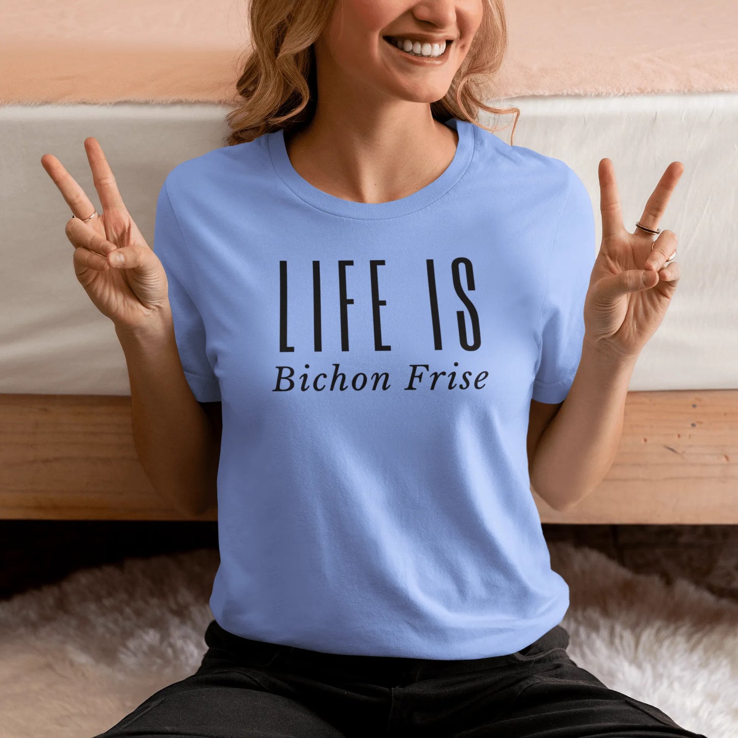 "Funny unisex black text T-shirt reading 'Do You Know What Real Luxury Is? Living With A Bichon!' – perfect for Bichon Frise dog lovers, pet owners, and anyone who enjoys quirky, stylish dog-themed fashion."