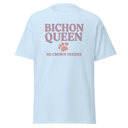 Retro-style design that reads "Bichon Queen – No Crown Needed" in dusty rose text with a cute paw print and heart. Perfect for dog lovers and Bichon Frise fans.