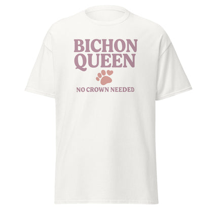 Retro-style design that reads "Bichon Queen – No Crown Needed" in dusty rose text with a cute paw print and heart. Perfect for dog lovers and Bichon Frise fans.